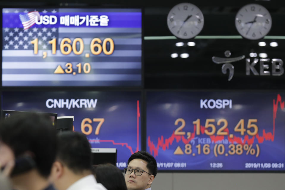 A currency trader watches computer monitors near the screens showing the Korea Composite Stock Price Index (KOSPI), right, and the foreign exchange rate between U.S. dollar and South Korean won at the foreign exchange dealing room in Seoul, South Korea, Friday, Nov. 8, 2019. Asian stock markets were mixed Friday amid uncertainty about a possible U.S.-Chinese agreement to roll back tariffs in their trade war. (AP Photo/Lee Jin-man)