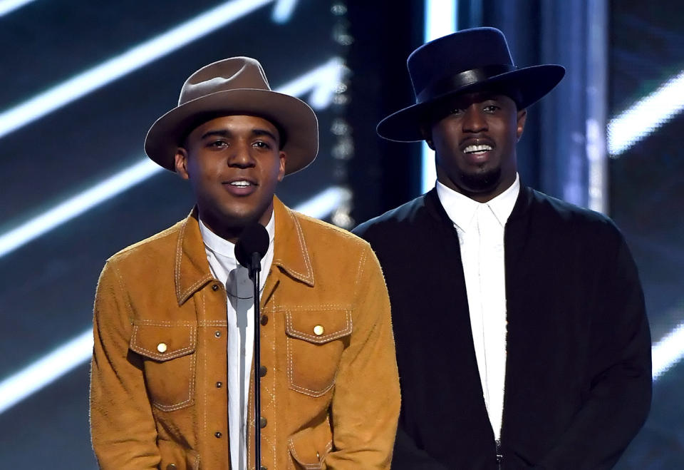 <p>Christopher Jordan Wallace (L) and Sean ‘Diddy’ Combs speak onstage during the 2017 Billboard Music Awards at T-Mobile Arena on May 21, 2017 in Las Vegas, Nevada. (Photo by Ethan Miller/Getty Images) </p>