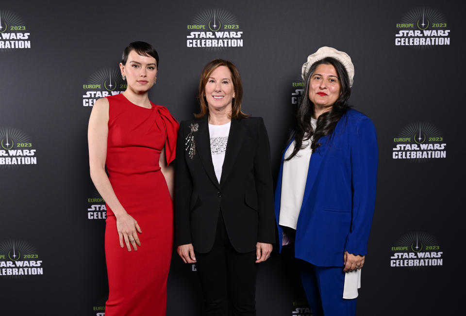 LONDON, ENGLAND - APRIL 07: (L-R) Daisy Ridley, Kathleen Kennedy and Sharmeen Obaid-Chinoy attend the studio panel at Star Wars Celebration 2023 in London at ExCel on April 07, 2023 in London, England. (Photo by Jeff Spicer/Jeff Spicer/Getty Images for Disney)