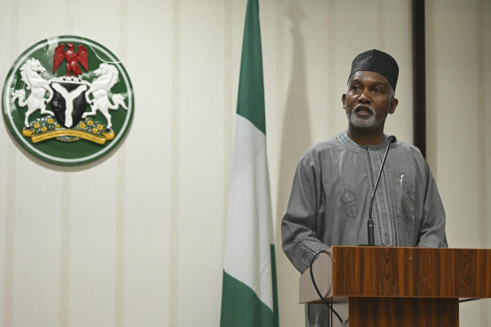 Minister of Foreign Affairs of Nigeria Yusuf Tuggar speaks during a press conference with US Secretary of State Antony Blinken at the Presidential Villa in Abuja, Tuesday, Jan. 23, 2024. (Andrew Caballero-Reynolds/Pool Photo via AP)