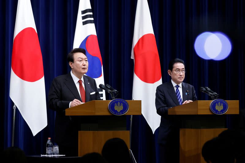 South Korea's President Yoon Suk Yeol and Japan's Prime Minister Fumio Kishida meet in Tokyo