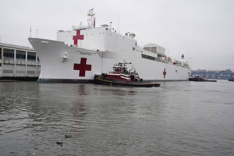 Ducks swim after the USNS Comfort pulled into a berth in Manhattan during the outbreak of coronavirus disease (COVID-19), in the Manhattan borough of New York City