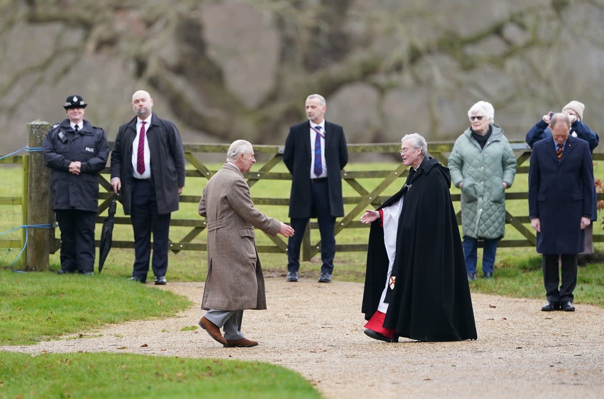 The king arrives to attend a Sunday church service at St Mary Magdalene Church (PA)