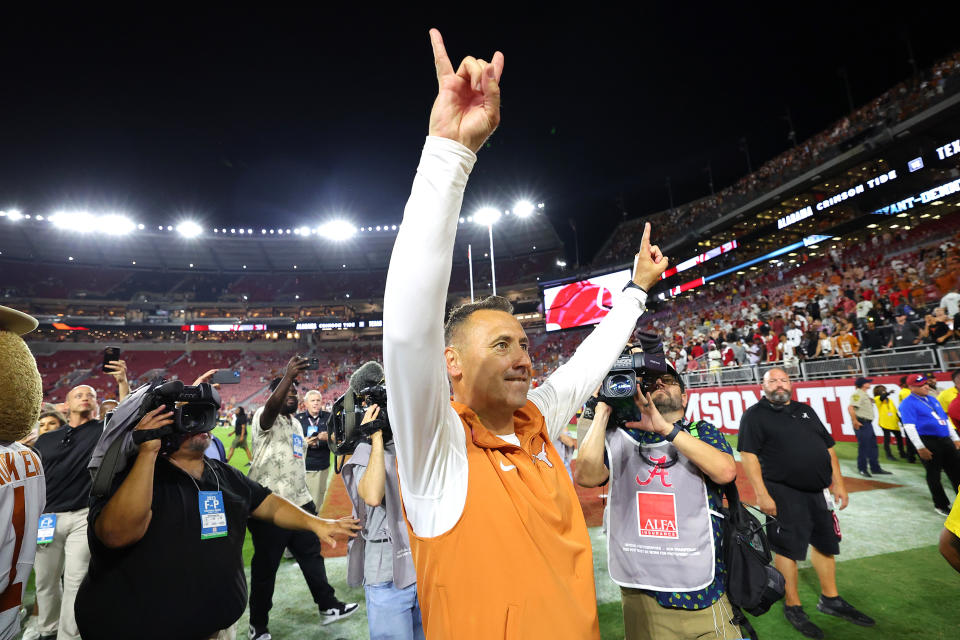 TUSCALOOSA, ALABAMA - SEPTEMBER 09: Head coach Steve Sarkisian of the Texas Longhorns celebrates after defeating Alabama Crimson Tide 34-24 at Bryant-Denny Stadium on September 09, 2023 in Tuscaloosa, Alabama. (Photo by Kevin C. Cox/Getty Images)