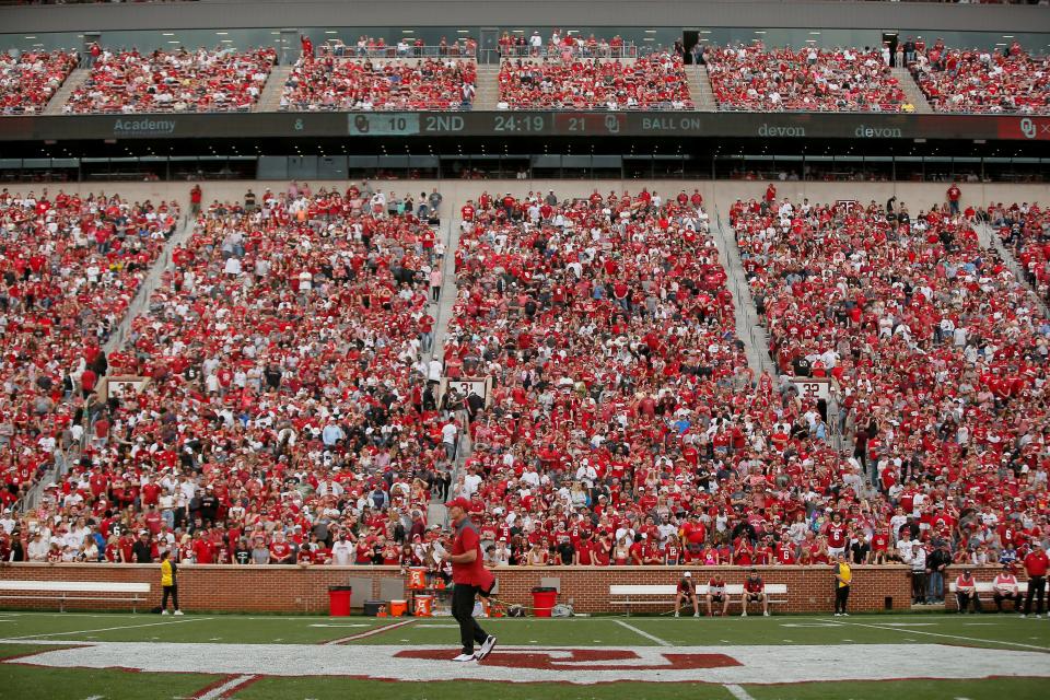 OU football coach Brent Venables talks to the crowd during halftime of the Sooners' spring game on April 23 at Gaylord Family-Oklahoma Memorial Stadium in Norman.