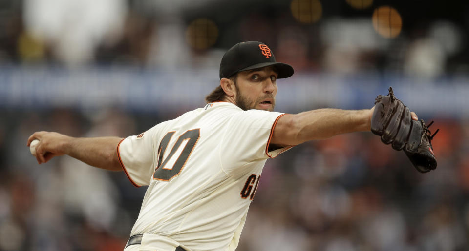 San Francisco Giants pitcher Madison Bumgarner works against the New York Mets during the first inning of a baseball game Thursday, July 18, 2019, in San Francisco. (AP Photo/Ben Margot)