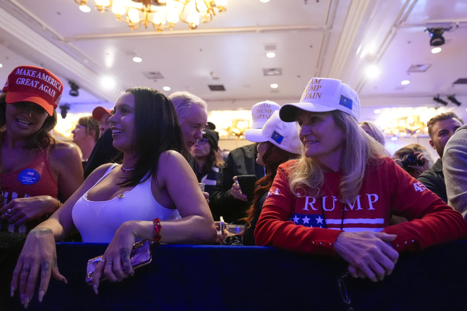 Supporters arrive before Republican presidential candidate former President Donald Trump speaks at a caucus night rally in Las Vegas, Thursday, Feb. 8, 2024. (AP Photo/Alex Brandon)