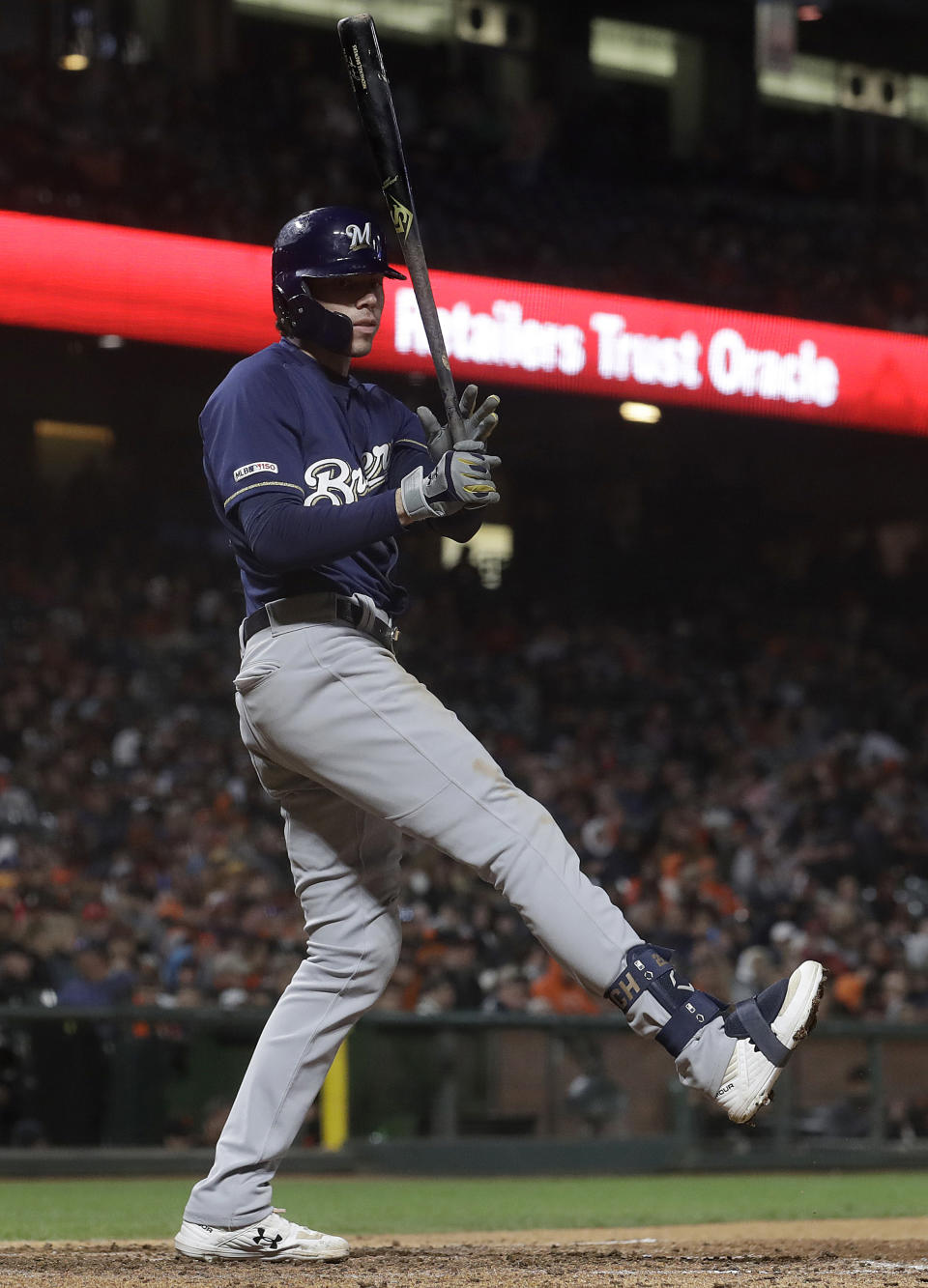 Milwaukee Brewers' Christian Yelich strikes out against the San Francisco Giants during the ninth inning of a baseball game in San Francisco, Friday, June 14, 2019. (AP Photo/Jeff Chiu)