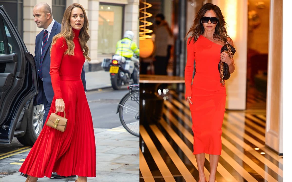 The Duchess of Cambridge on Tuesday (left) and Victoria Beckham last week (right) both wearing bright red - GC Images