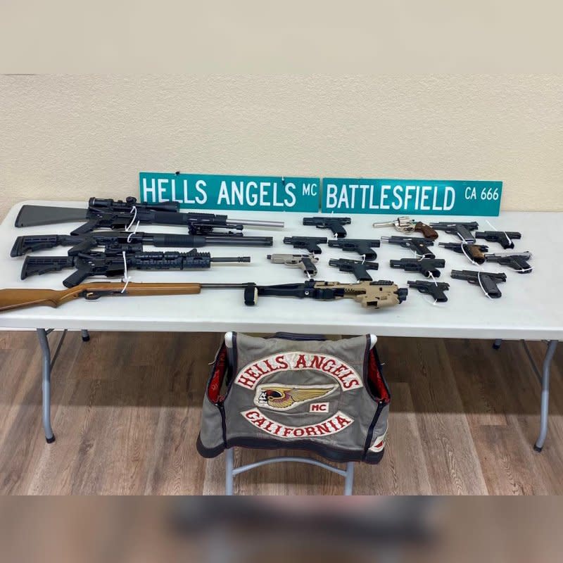 Some 25 firearms were seized by law enforcement Tuesday as they executed eight search warrants in Bakersfield, Calif. Photo courtesy of Kern County Sheriff's Office/Facebook