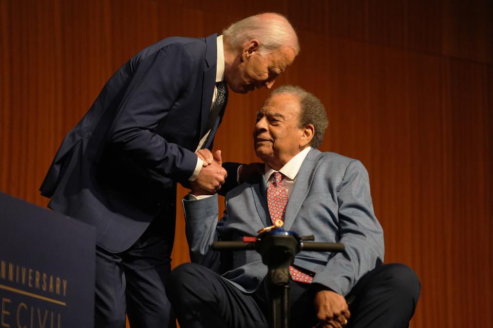 Ambassador Andrew Young, a Black activist who led campaigns that led to the passage of the Civil Rights Act and Voting Rights Act, introduces President Joe Biden during his address at the LBJ Presidential Library commemorating the 60th anniversary of the Civil Rights Act Monday, July 29, 2024, in Austin.