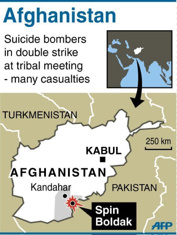 Map locating the town of Spin Boldak, south of Kandahar, where many were killed or injured in double suicide bomb attack. Two suicide bombers struck a meeting of community leaders in a southern Afghan town near the Pakistan border on Sunday, killing at least five people and wounding 15, officials said