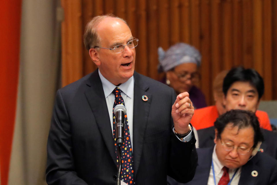 Larry Fink, Chief Executive Officer of BlackRock, speaks at the Secretary General's High-Level meeting on Financing during 73rd United Nations General Assembly in New York, U.S., September 24, 2018. REUTERS/Caitlin Ochs