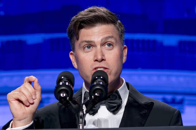 <p>Bonnie Cash/UPI/Bloomberg via Getty </p> Colin Jost speaks at the 2024 White House Correspondents' Association (WHCA) dinner