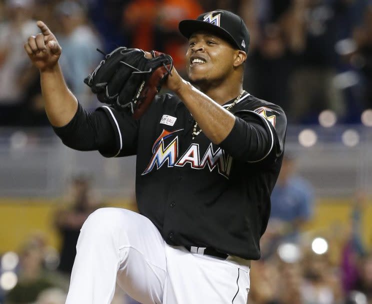 Edinson Volquez celebrates after the final out of his no-hitter against the Arizona Diamondbacks. (AP)