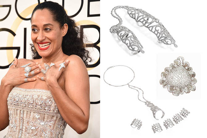 Tracee Ellis Ross at the Golden Globes wearing Noudar and Yeprim rings and hand piecePhoto VALERIE MACON/AFP/Getty Images; Jewels courtesy