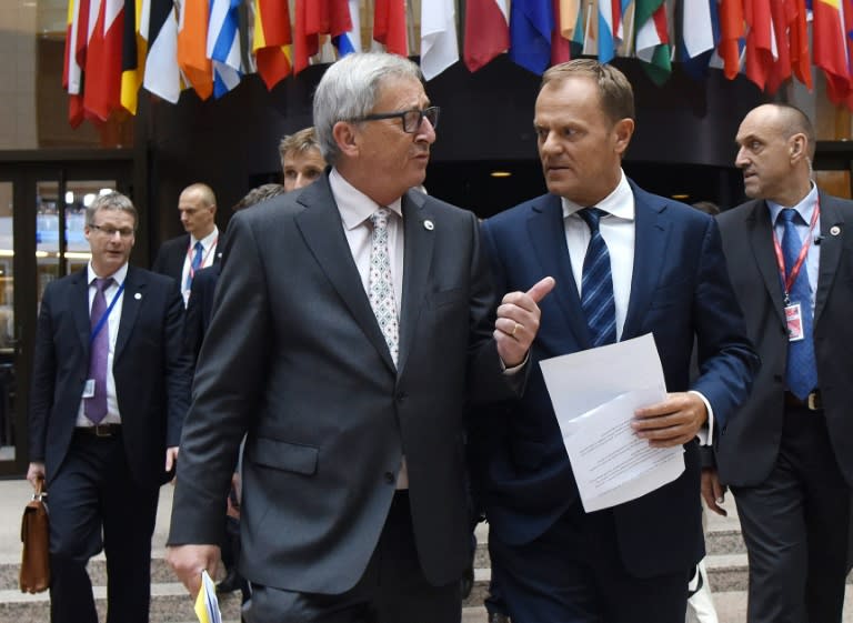 European Commission president Jean-Claude Juncker (left) and EU Council president Donald Tusk announced a Greek bailout agreement during a press conference in Brussels, on July 13, 2015