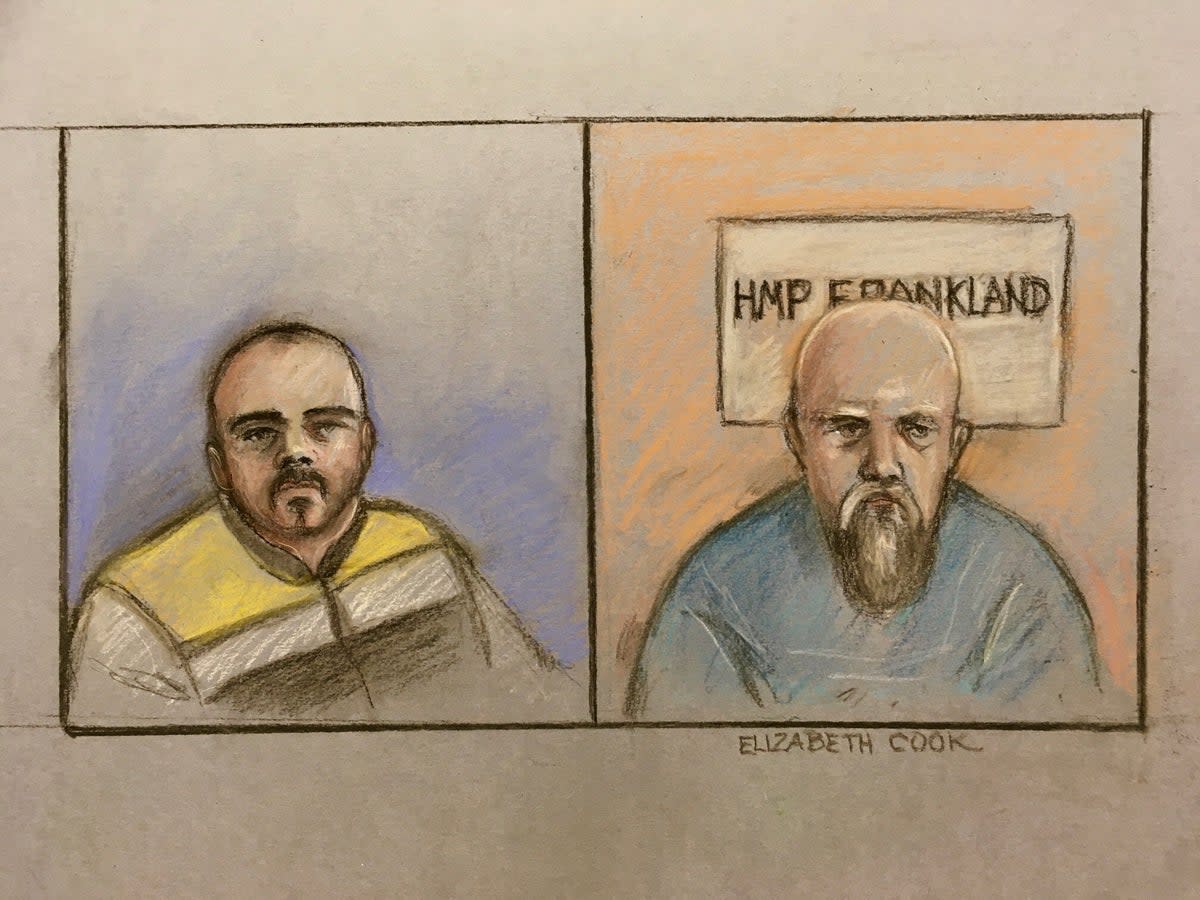 Court artist sketch by Elizabeth Cook of Jordan Monaghan (left) and Wayne Couzens as they view, via videolink, a hearing at the High Court in London (PA) (PA Wire)