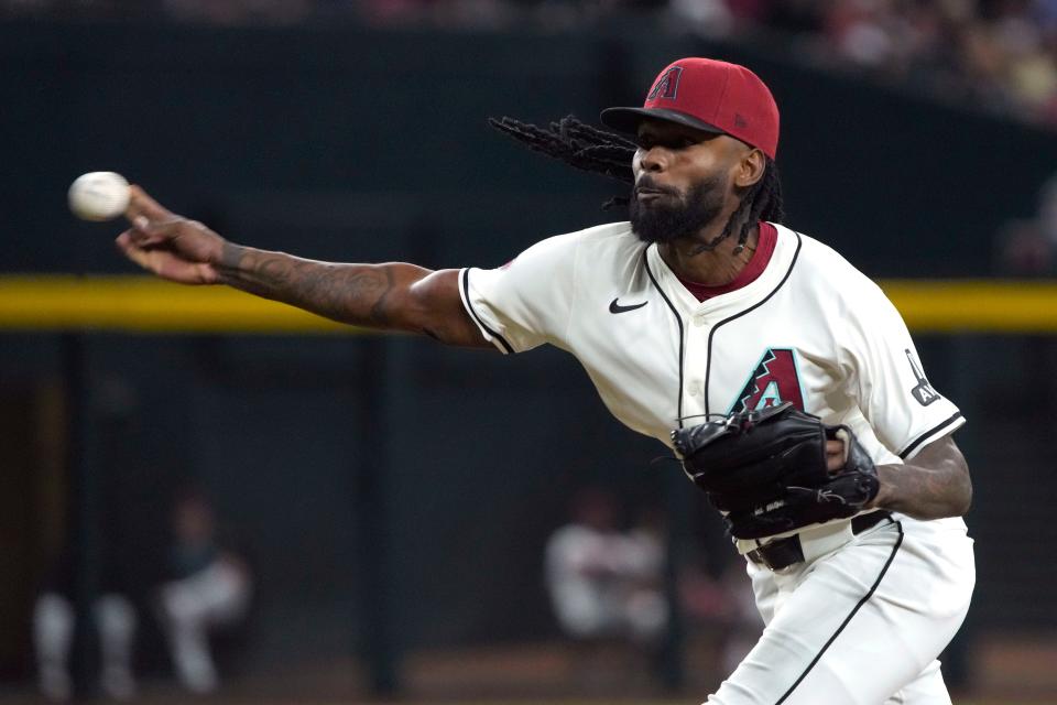 Arizona Diamondbacks relief pitcher Miguel Castro throws against the St. Louis Cardinals in the seventh inning at Chase Field in Phoenix on April 12, 2024.