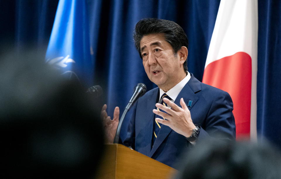 Japanese Prime Minister Shinzo Abe speaks during a news conference Wednesday, Sept. 25, 2019, in New York, regarding a statement made earlier U.S. President Donald Trump announcing a new trade agreement with Japan that will, according to President Trump, expand market access and eliminate tariffs for agriculture and industrial goods and digital trade. (AP Photo/Craig Ruttle)