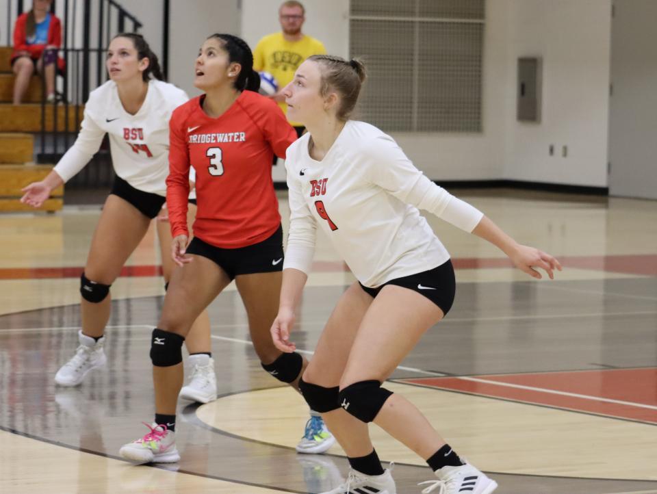 Milford native Sarah Brogioli (right) was named the MASCAC Volleyball Rookie of the Week with the Bridgewater State University women's volleyball team this past week.