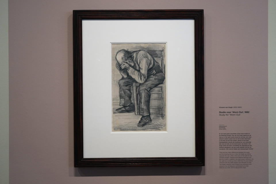 The Study for "Worn Out", a drawing by Dutch master Vincent van Gogh, dated Nov. 1882, goes on public display for the first time at the Van Gogh Museum in Amsterdam, Netherlands, Thursday, Sept. 16, 2021. (AP Photo/Peter Dejong)