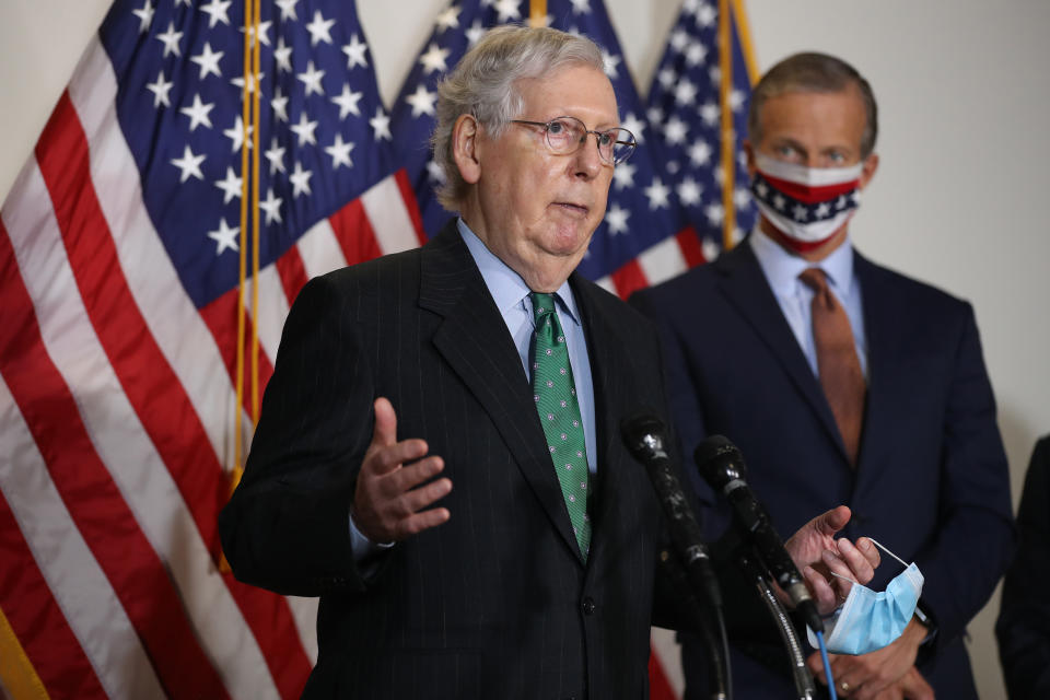 WASHINGTON, DC - SEPTEMBER 30: Senate Majority Leader Mitch McConnell (R-KY) talks to reporters following the weekly Senate Republican policy luncheon in the Hart Senate Office Building on Capitol Hill on September 30, 2020 in Washington, DC. Despite talks between Treasury Secretary Steven Mnuchin and Speaker of the House Nancy Pelosi (D-CA), McConnell said that Senate Republicans and House Democrats are still far apart on coronavirus relief legislation. (Photo by Chip Somodevilla/Getty Images)