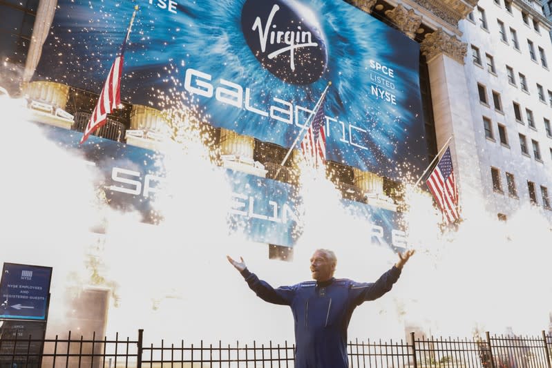 Sir Richard Branson poses outside of the New York Stock Exchange (NYSE) ahead of Virgin Galactic (SPCE) trading in New York