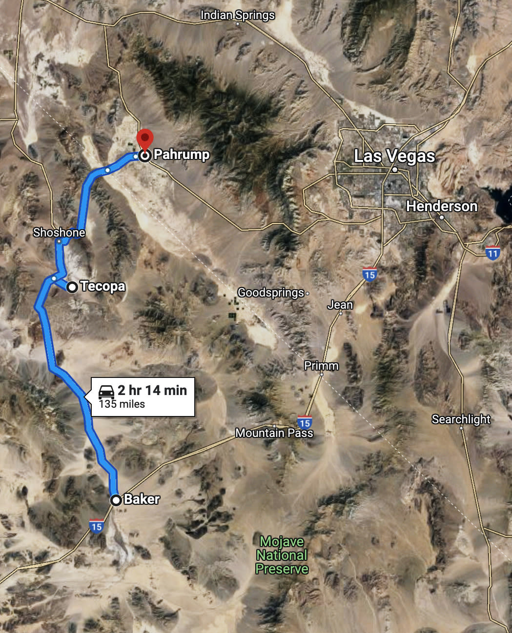 A map showing the reoute from Baker, Calif., to Pahrump, Nevada. (Google Maps)