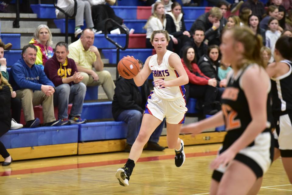 St. Clair's Ashlyn Zimmer dribbles the ball during the Saints' 52-44 win over Marine City at St. Clair High School on Friday. She finished with 14 points.