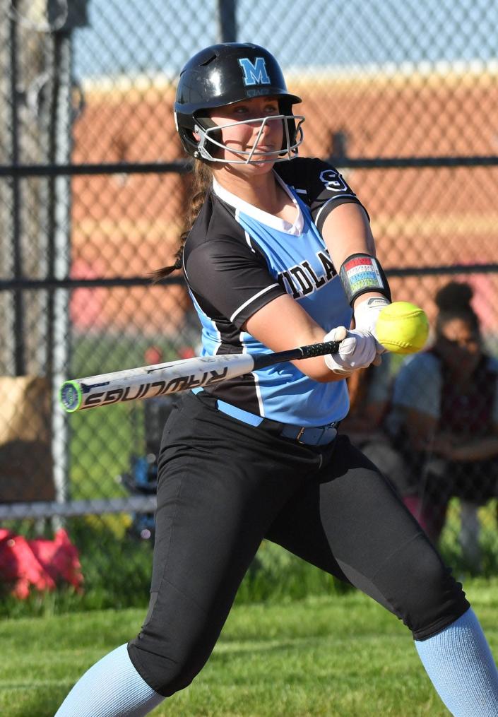 Morganne Miles of Midlakes takes a pitch off the bat handle during Wednesday&#39;s game against Newark.