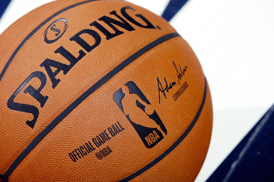 INDIANAPOLIS, IN - OCTOBER 11: A detail view of official Spalding NBA logo basketball on the floor during a preseason game between the Chicago Bulls and Indiana Pacers at Bankers Life Fieldhouse on October 11, 2019 in Indianapolis, Indiana. The Pacers defeated the Bulls 105-87. NOTE TO USER: User expressly acknowledges and agrees that, by downloading and or using this Photograph, user is consenting to the terms and conditions of the Getty Images License Agreement. (Photo by Joe Robbins/Getty Images)