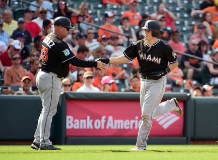 Jun 16, 2018; Baltimore, MD, USA; Miami Marlins catcher J.T. Realmuto (11) celebrates with third base coach Fredi Gonzalez (33) after hitting a home run in the third inning again the Baltimore Orioles at Oriole Park at Camden Yards. Mandatory Credit: Evan Habeeb-USA TODAY Sports