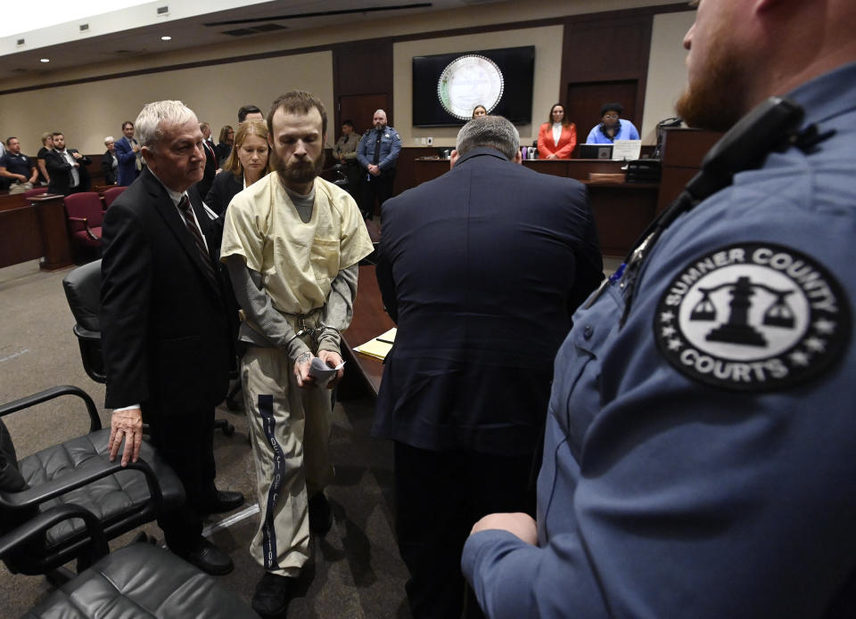 Michael Cummins leaves after his court hearing at the Sumner County Justice Center on Wednesday, Aug. 16, 2023, in Gallatin Tenn. Cummins who killed eight people in rural Westmoreland over several days in April 2019, has pleaded guilty to eight counts of first-degree murder in exchange for a sentence of life without parole. (Mark Zaleski/The Tennessean via AP, Pool)