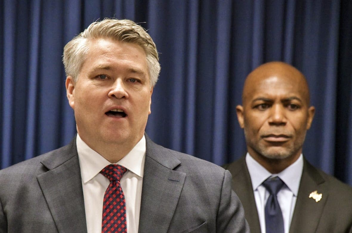 Thomas J. Sobocinski, Special Agent in Charge, FBI Baltimore Field Office, left, speaks during a news conference in Baltimore, Monday, Feb. 6, 2023. (Amy Davis/The Baltimore Sun via AP)