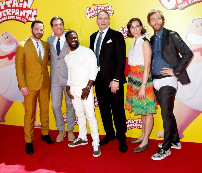 (From L) Nick Kroll, Ed Helms, Kevin Hart, Dav Pilkey, Kristen Schaal and Thomas Middleditch attend the premiere of 20th Century Fox's 'Captain Underpants: The First Epic Movie' at the Regency Village Theatre in Los Angeles, on May 21, 2017