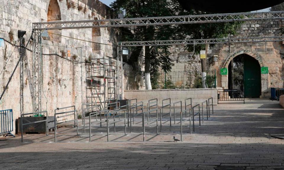 A main entrance to the mosque compound after Israeli security forces removed metal detectors from the site