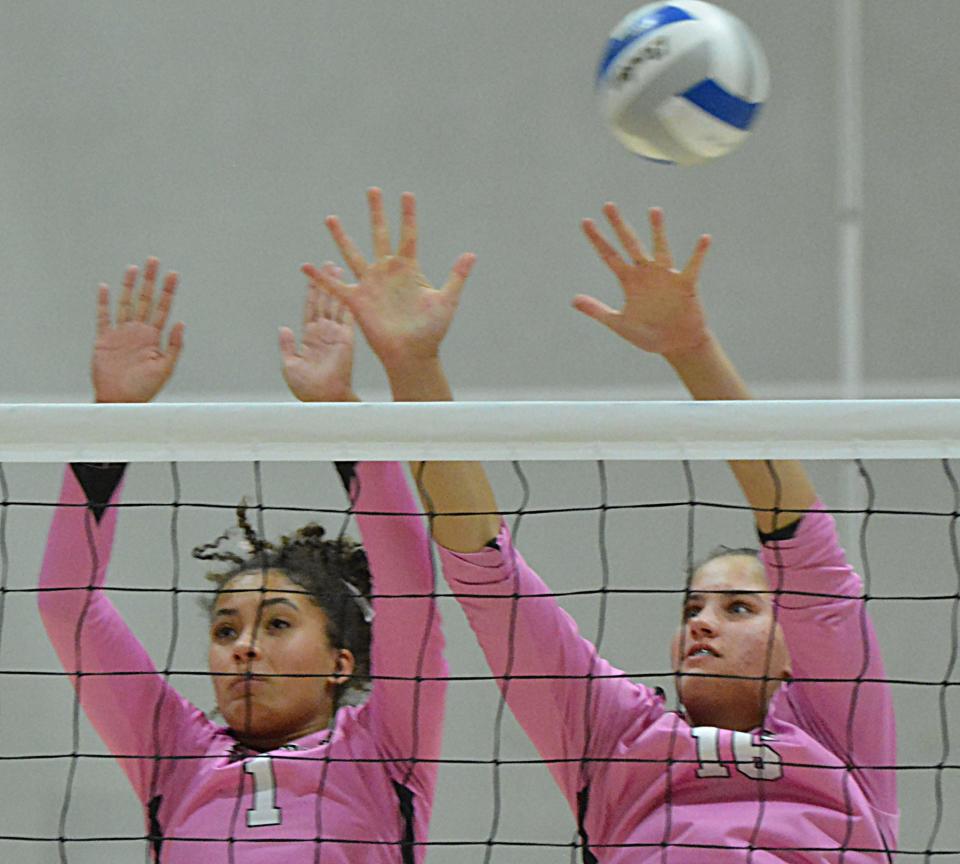 Sisseton's Rylie Huff (1) and Krista Langager (16) go up for the block during a high school volleyball match against Great Plains Lutheran on Tuesday, Oct. 24, 2023 in Watertown.