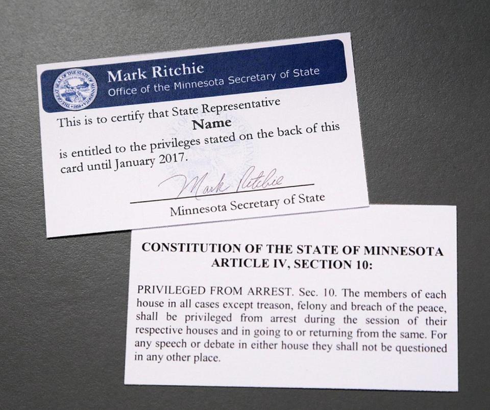 In this photo provided April 10, 2014 by the Minnesota Secretary of State’s office is a so-called “get out of jail free” card that is issued to legislators that explain their constitutional privilege against arrest. The Minnesota House Thursday, April 10, 2014 has passed a bill that erases any immunity for state lawmakers facing felony or misdemeanor charges, including drunken driving. The immunity provision dates back to 1858 when the state's founding fathers wanted to protect legislators from being arrested and kept from voting on important measures. (AP Photos/Minnesota Secretary of State’s Office)