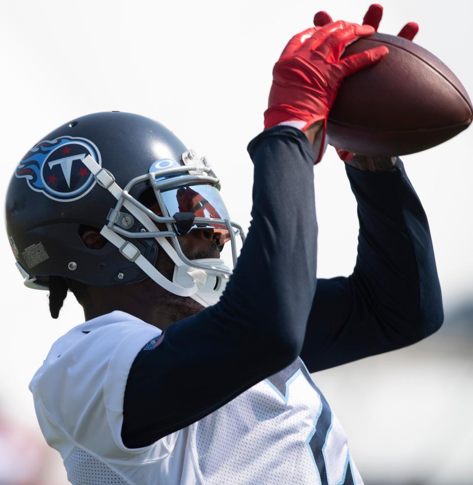 Tennessee Titans wide receiver Julio Jones (2) pulls in a catch during a training camp practice at Saint Thomas Sports Park Wednesday, July 28, 2021 in Nashville, Tenn. 