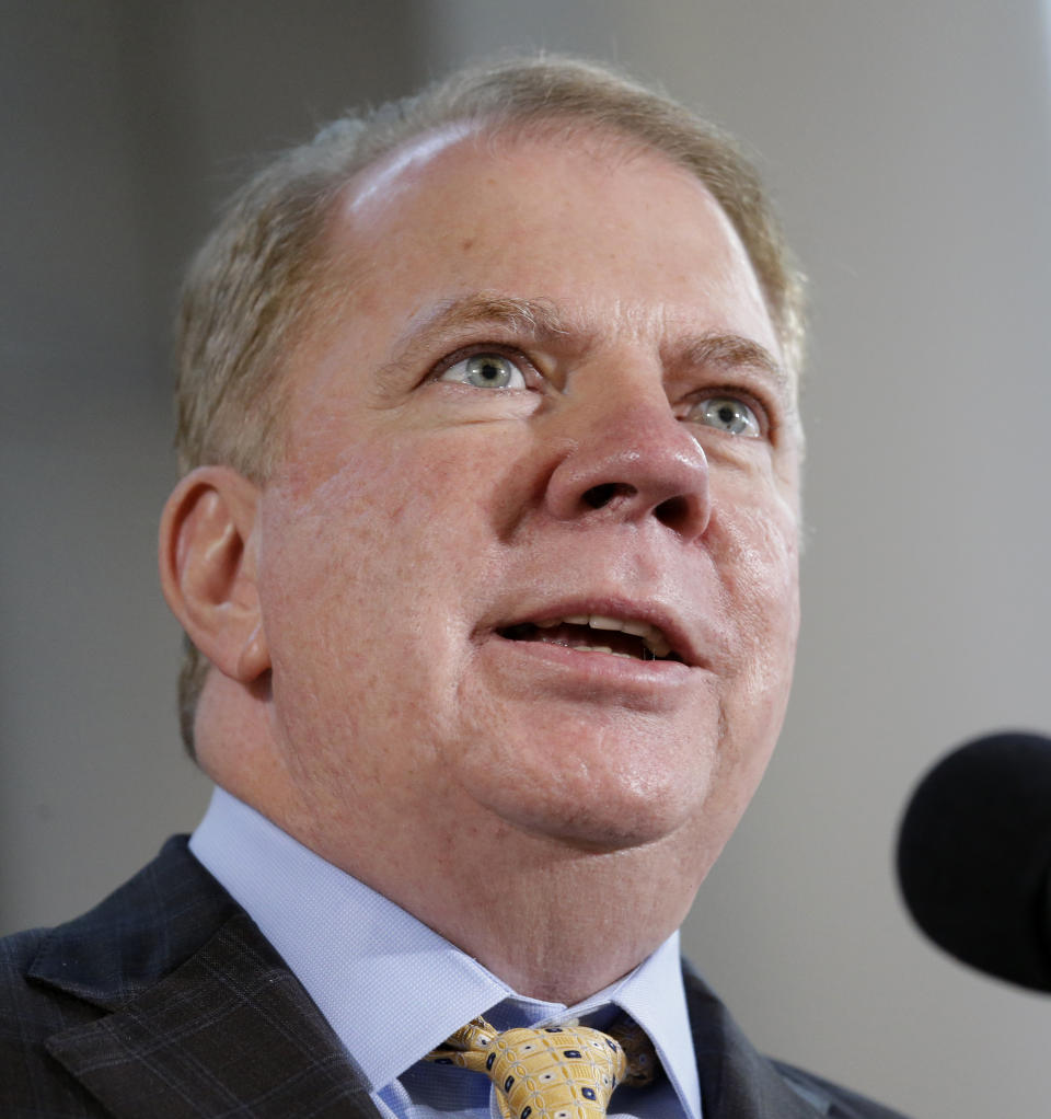 FILE- In this Oct. 10, 2016, file photo, Seattle Mayor Ed Murray speaks at a celebration of Indigenous Peoples' Day in Seattle, Wash. On Thursday, April 6, 2017, Murray was sued by a man who claimed Murray abused him 30 years ago when he was a teenager. Murray's personal spokesman, Jeff Reading, said in a statement that the allegations are false, politically motivated and that Murray would fight them. (AP Photo/Elaine Thompson, File)