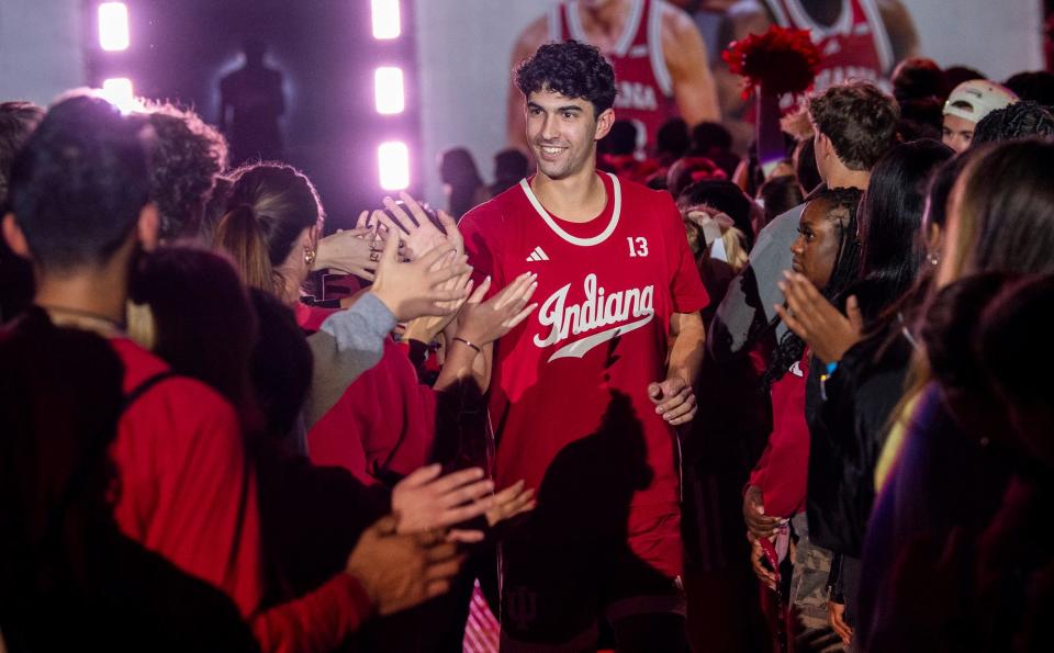 Indiana's Shaan Burke is announced during Hoosier Hysteria at Simon Skjodt Assembly Hall on Friday, October 20, 2023.