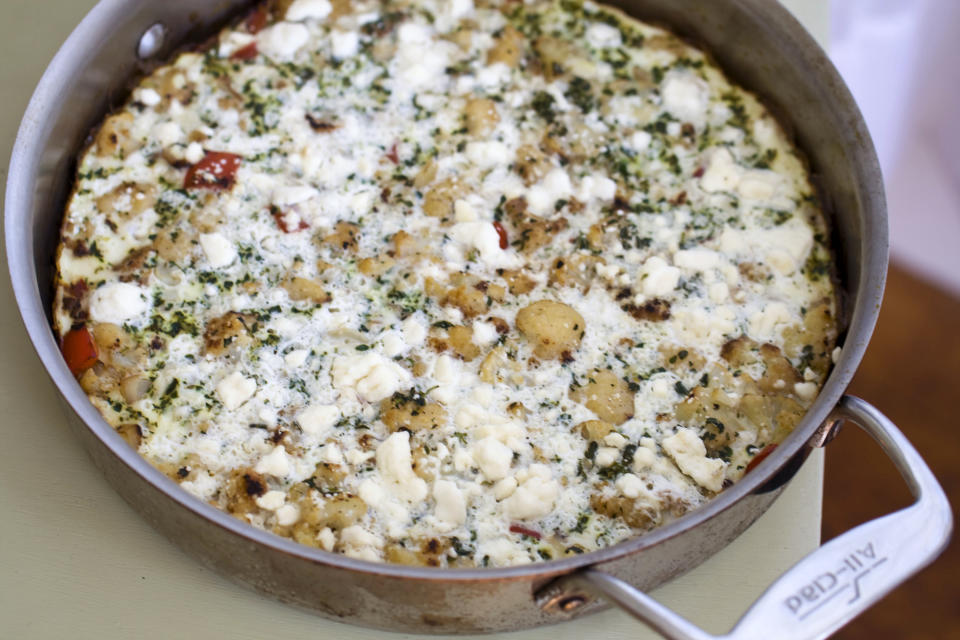 This Sept. 23, 2013 photo shows low carb cauliflower bell pepper quiche in Concord, N.H. (AP Photo/Matthew Mead)