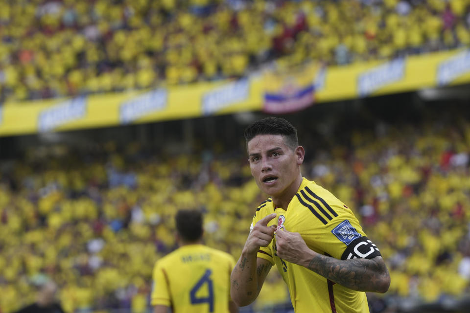 Colombia's James Rodriguez celebrates scoring the opening goal during a qualifying soccer match for the FIFA World Cup 2026 between Colombia and Uruguay at the Metropolitano stadium in Barranquilla, Colombia, Thursday, Oct. 12, 2023. (AP Photo/Fernando Vergara)