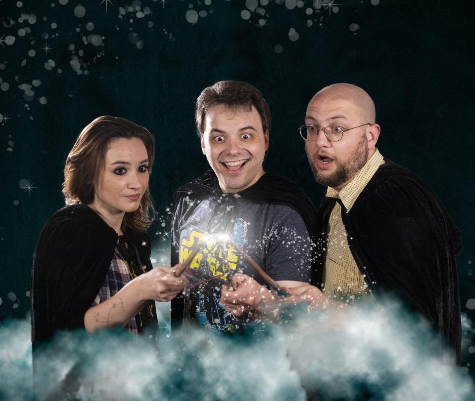 From left, Jace Carlyle Berry, Brett J. Young and Zeb Mims star in the Harry Potter send-up "Puffs," a co-production of Pineapple-Shaped Lamps and Techmoja Dance & Theatre Co.