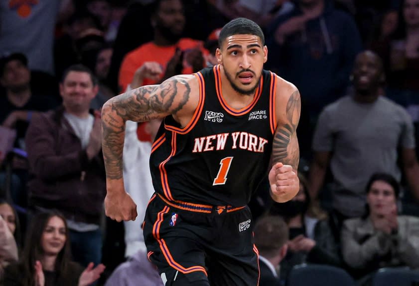 Mar 22, 2022; New York, New York, USA; New York Knicks forward Obi Toppin (1) runs up court after a dunk against the Atlanta Hawks during the first quarter at Madison Square Garden.