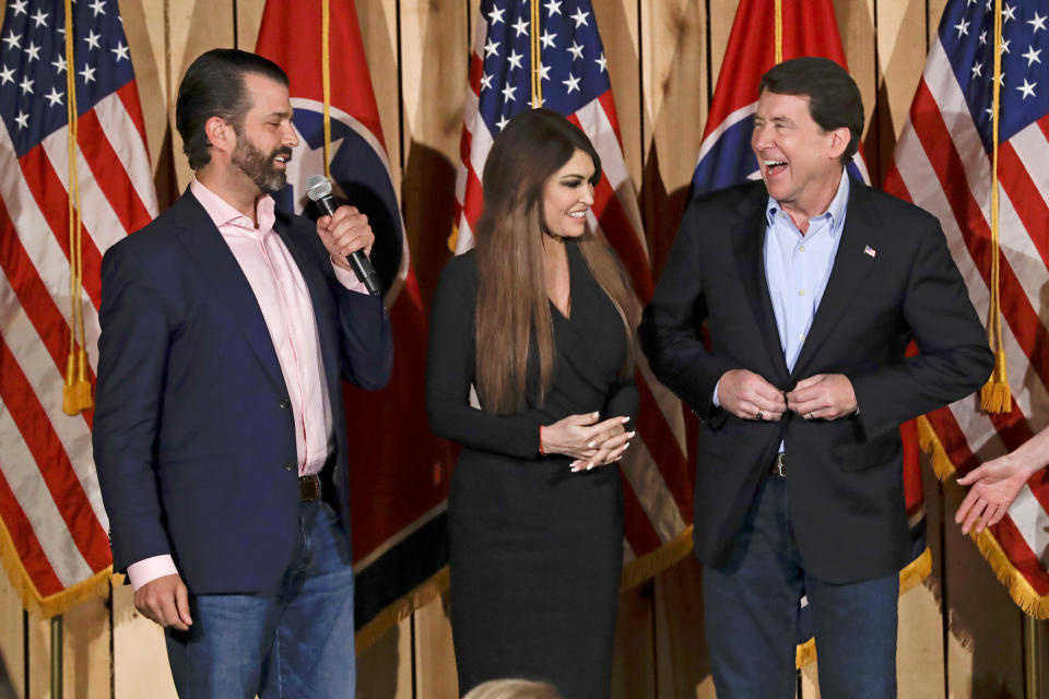 Donald Trump Jr., left, campaigns for former U.S. Ambassador to Japan Bill Hagerty, right, Tuesday, Jan. 28, 2020, in Gallatin, Tenn. Hagerty is running for U.S. Senate. (AP Photo/Mark Humphrey)