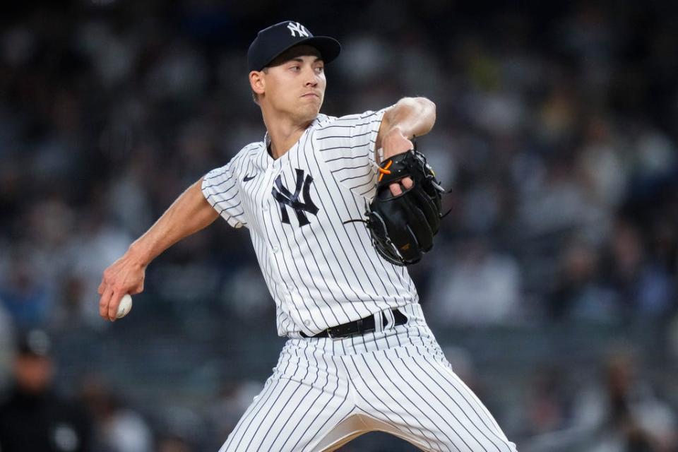 FILE - New York Yankees starting pitcher Luke Weaver works against the Arizona Diamondbacks during the first inning of a baseball game Friday, Sept. 22, 2023, in New York.