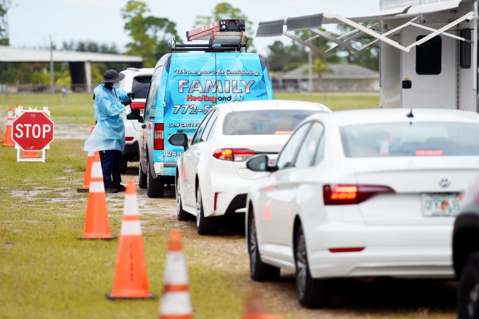 A line of cars form near the 77th Street entrance of the Indian River County Fairgrounds on Wednesday, Jan. 12, 2022, as community members take advantage of free COVID testing with a drive-thru testing site offered through the Indian River County Health Department and Curative Appointments. The site is open Wednesday through Sunday, 9 a.m. to 5 p.m., and appointments are strongly recommended and can be booked on Curative's website. Appointments typically must be scheduled at least a day in advance; the site provides about 300 tests per day.