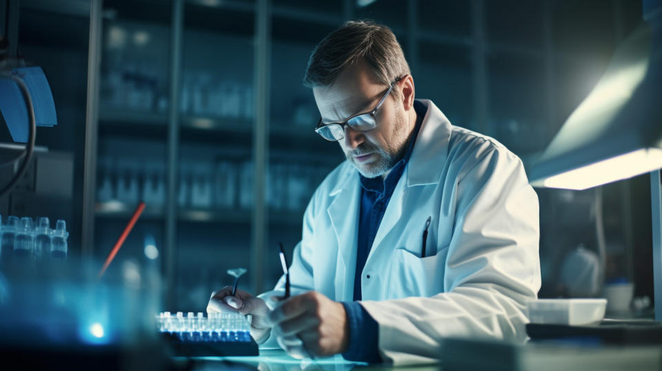 A laboratory technician checking the results of a blood glucose monitoring system.